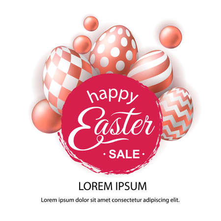 Happy Easter banner with realistic pink golden eggs on white background. Template of 3d easter eggs with patten for card, invitation, sale, web, post. Greeting card trendy designのイラスト素材
