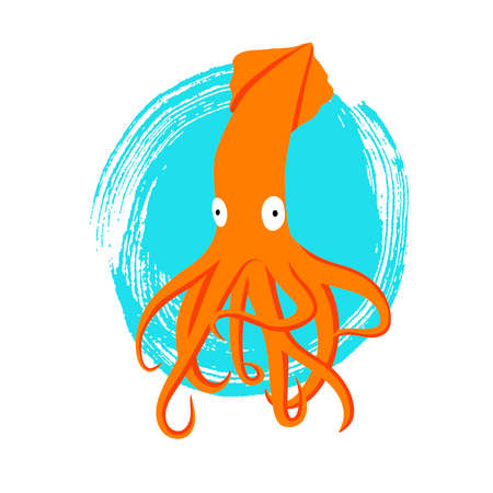 Orange squid animal flat character with abstract cyan spot isolated on white background. Cartoon...