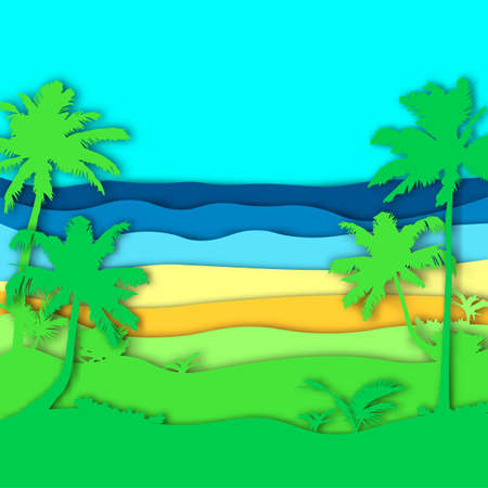 Papercut backrgound with silhouette palm trees, beach and sea. Peper art vector illustration for design of banner, cards, flyer, web, sale, postのイラスト素材