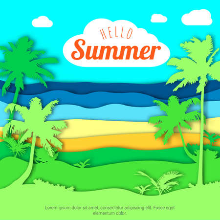 Template Hello Summer on papercut backrgound with silhouette palm trees, beach and sea. Peper art vector illustration for design of banner, cards, flyer, web, sale.のイラスト素材