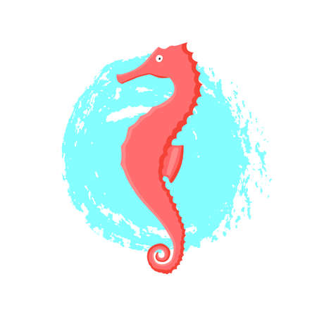 Coral seahorse animal flat character with abstract cyan spot isolated on white background. Cartoon hippocampus for design, logo, background, card, print, stickerのイラスト素材