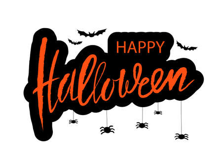 Happy halloween calligraphic card. Modern orange inscription and decorative illustration of spiders and bats on a white background. Vector handwritten lettering for banner, sticker, label, card, flyerのイラスト素材