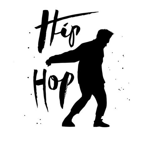black silhouette of a dancing man and lettering on white background. A male street dance hip hop dancer. Vector isolated illustration for , sticker, logotype, icon, banner, poster for dance studioのイラスト素材