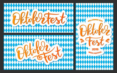 set of oktoberfest typography vector design for greeting cards and poster. Beer Festival vector banner. Handwritten lettering Oktoberfest on blue background. Vector illustration.のイラスト素材