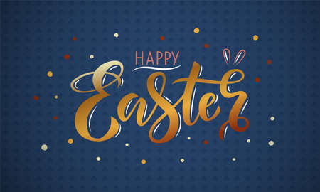 Hand drawn gold lettering happy Easter on a blue background