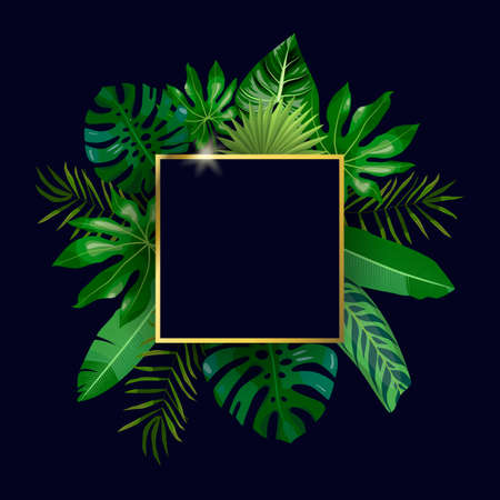 Golden square frame and tropical leaves, palms, monstera leaf, floral vector background. Fashionable template on dark background for banner, greeting card, post, sticker, invitation, wedding, saleのイラスト素材
