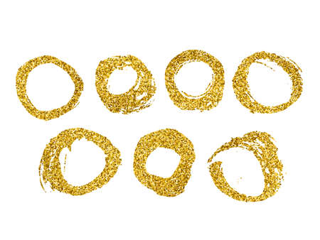 Vector set of hand drawn decorative elements with gold glitter texture for design. Brush strokes grunge design elements. Collection of gold ink vector spotsのイラスト素材