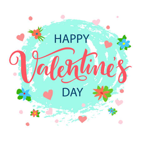 Lettering happy Valentines day on watercolor cyan spot background.のイラスト素材