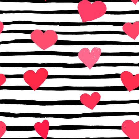 Vector seamless pattern of hand painted watercolor pink hearts and black strips
