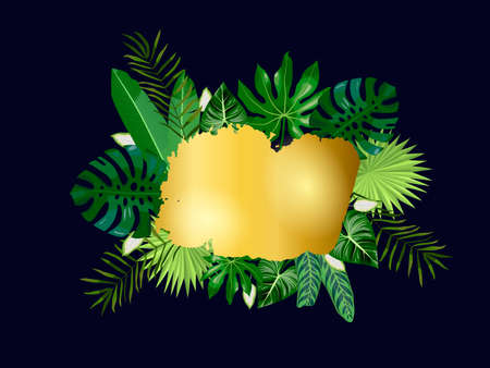 Golden spot and tropical leaves, palms, monstera leaf, floral vector background. Fashionable template on dark background for banner, greeting card, post, sticker, invitation, wedding, saleのイラスト素材