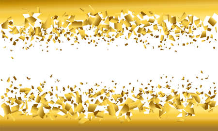 background explosion with debris. Isolated gold illustration on white background. Concept, template for sale. Horizontal banner with 3d effect of particles.のイラスト素材