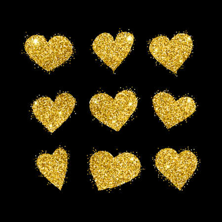 Brush drawn Watercolor hearts. Set of vector hand painted watercolor gold glitter illustration. Isolated objects perfect for Valentine's day card or romantic post cardsのイラスト素材