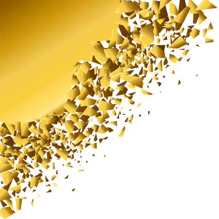 background explosion with debris. Isolated gold illustration on white background. Concept, template for sale. Horizontal banner with 3d effect of particles.のイラスト素材