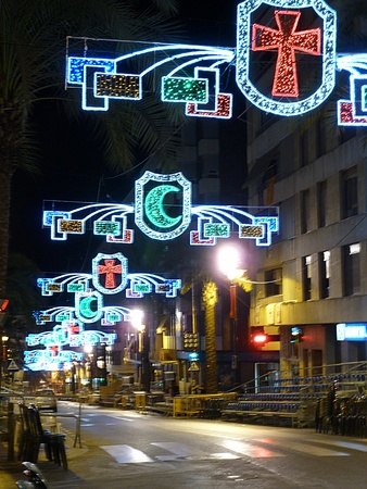 colored lights in street for moors and christians celebrationのeditorial素材