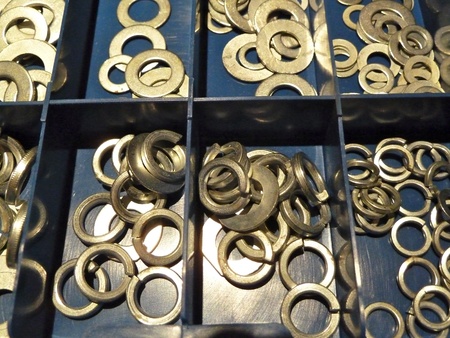 tray of silver metal washersの写真素材