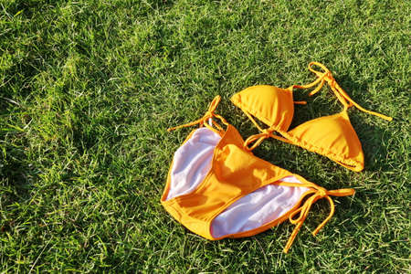 Orange bikini on grass lawnの写真素材