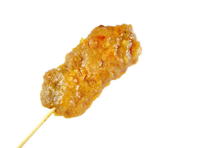 Thai street food. Grilled pork with bamboo stick isolate on white backgroundの写真素材