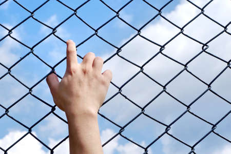 hand in cage with blue sky background, prisoner in the jail, wait for freedomの写真素材