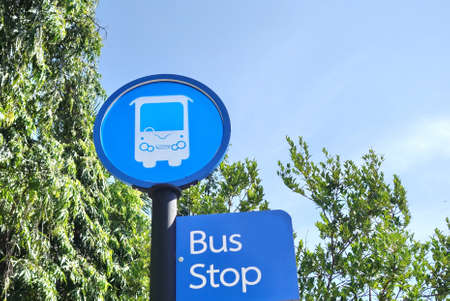 bus stop sign with tree and blue sky