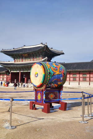 Korean traditional drum called buk, with Taegeuk symbolの写真素材