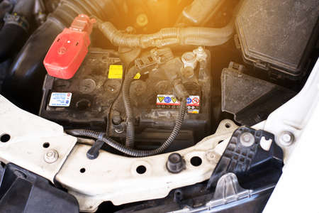 Battery dirty car in engine room,close upのeditorial素材