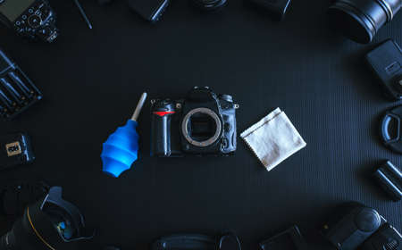 Camera or lense cleaning concept,Top view with copy spaceの写真素材