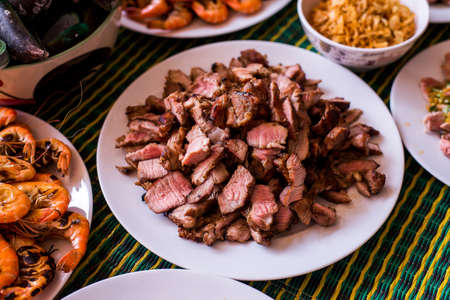 Roasted pork on white dish,Thai style foodの写真素材