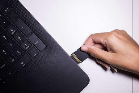 Hand removable  memory card into laptop computer with usb slotの写真素材