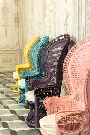  Vintage rattan chairs seat many colorsの写真素材