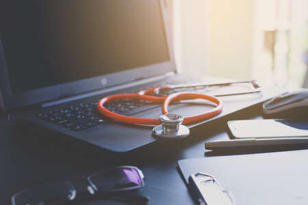 Stethoscope on laptop,Healthcare and medical concept,Selective focusの写真素材