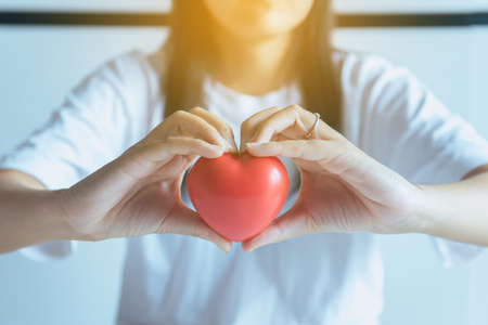 Woman hands holding red heart from patient,Health care checking concept,Selective focusの写真素材