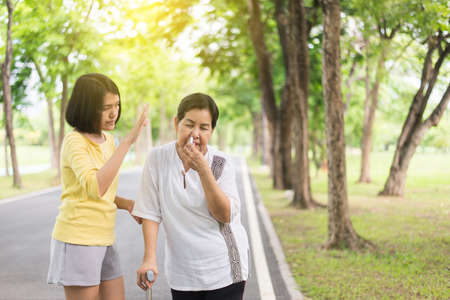 Elderly asian women with faint and using inhaler,Take care and support conceptの写真素材