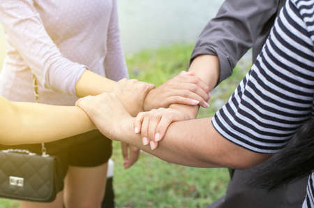 Close up of hands woman putting with stack or handshaking and showing successful teamwork together...