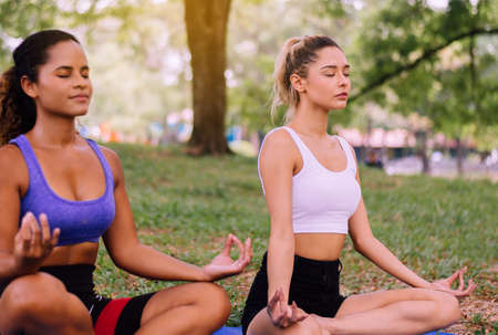 Couple young woman practicing yoga sitting at park in the morning,Positive thinking,Healthy and lifestyle concept,Close upの写真素材