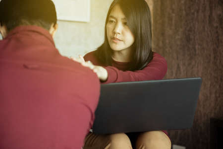 Psychiatrist asian woman talking and counseling to man patient,Suicide prevention,Mental health care...