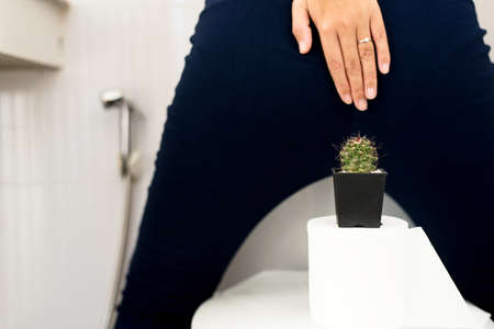 Woman standing in toilet with cactus and suffering from hemorrhoids,Constipation diseaseの写真素材
