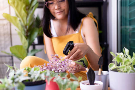 Happy asian woman spraying beautiful flower in pot at garden homeの写真素材