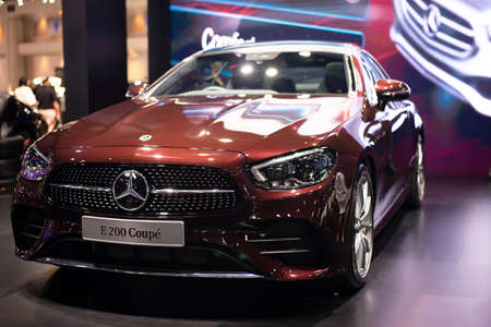 NONTHABURI, THAILAND - March 25,2021 : View of Mercedes-Benz E 200 Coupe' AMG car on display at...