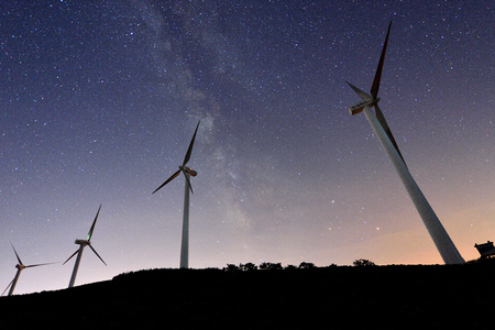 milky way and windmil, long exposure, galaxy and fan-driven generatorの写真素材