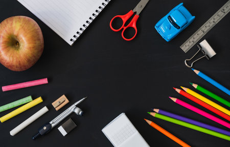 Education background concept. Top view blackboard stationary education equipment ruler, color pencil, compasses tool.の写真素材