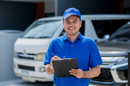 A car maintenance worker is checking a list of items for car maintenance for a workshop customer.の写真素材