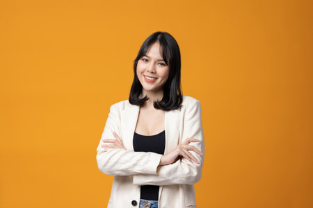 Attractive Beautiful asian woman standing and posing. Sexy female in suit on isolated yellow background.の写真素材