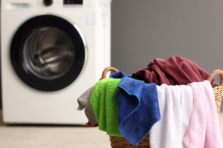 Laundry basket with clean towels and washing machine on grey backgroundの写真素材
