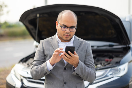 Young asian business has broken down car. He open hood and check the engine. He using smartphone...