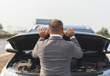Young asian business has broken down car. He open hood and check the engine. He feeling upset and stressed. Car broken on the side of the roadの写真素材