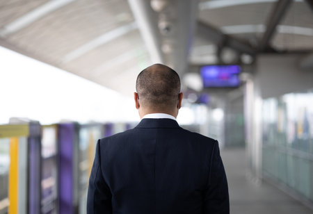 Young asian businessman standing at platform skytrain station. Businessman in urban city travel by sky train.の写真素材