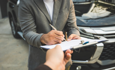A young business man signs a luxury car leasing contract And sign a car insurance purchase contract on the documents according to the agreementの写真素材