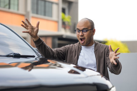 Young handsome asian man getting the new car. He very happy and excited hand stretch in the air. Buy or rent car concept.の写真素材