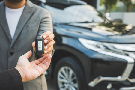 Close up businessman in suit his hands showing or giving car key for customer getting new car. Buy sell rent car concept.の写真素材