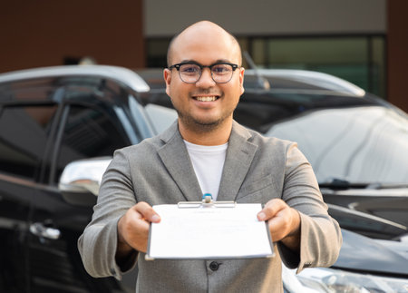 A young business man signs a luxury car leasing contract And sign a car insurance purchase contract...